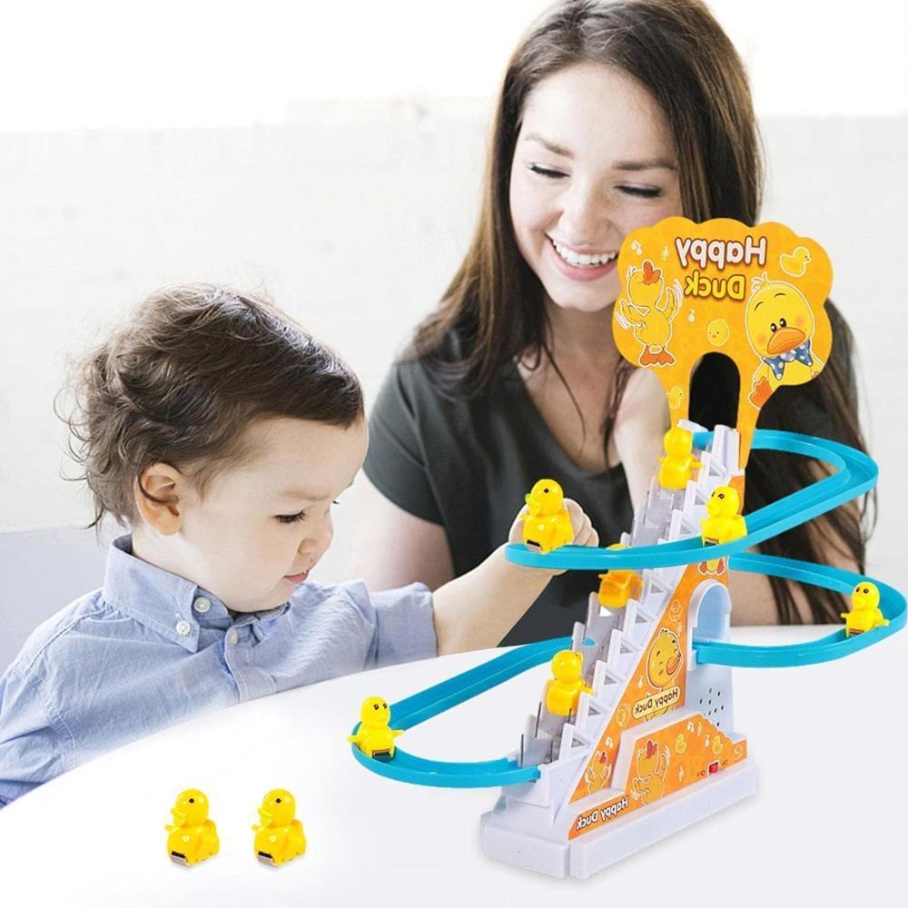 Duck Truck Slide Toys - 9 Ducks Light Up Playful Race Track Playset - Little Animal Baby Stair Climbing Toy Chase Playset with Song for Boys and Girls Yyds