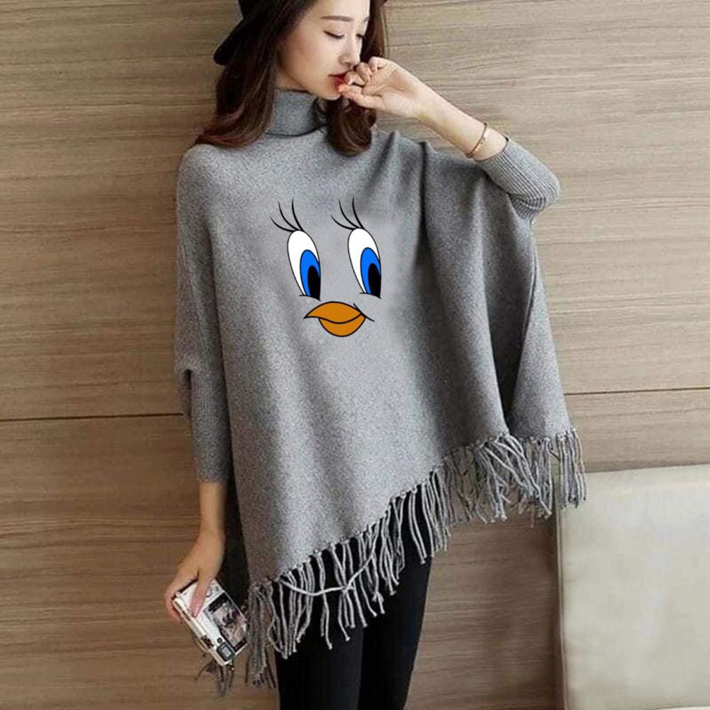 Grey Printed Poncho Sweater Poncho Style Top/Shirt For Girls