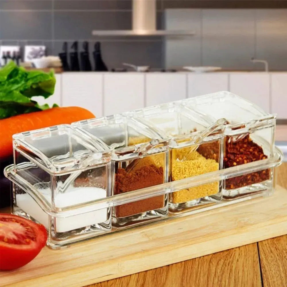 4PCS Crystal Clear Seasoning Box Acrylic Spice Rack Storage Container Condiment Jars with Cover and Spoon